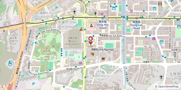 趙聿修紀念中學(Chiu Lut Sau Memorial Secondary School)位置圖,地圖中央紅色地標針標示校舍位置,底圖 OpenStreetMap