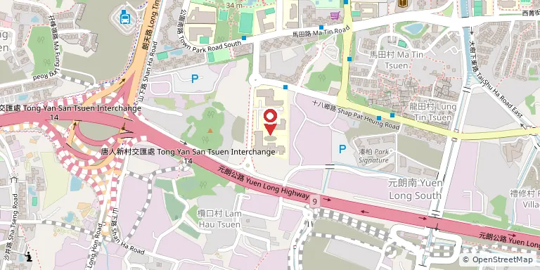 基督教香港信義會宏信書院(ELCHK Lutheran Academy)位置圖,地圖中央紅色地標針標示校舍位置,底圖 OpenStreetMap