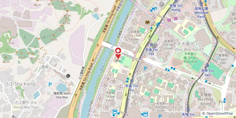 天水圍香島中學(Heung To Middle School (Tin Shui Wai))位置圖,地圖中央紅色地標針標示校舍位置,底圖 OpenStreetMap