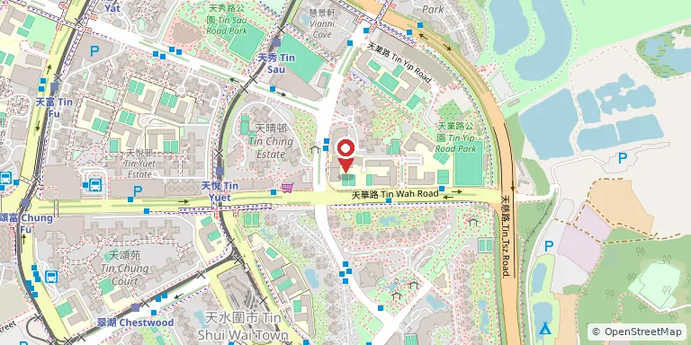 香港青年協會李兆基書院(HKFYG Lee Shau Kee College)位置圖,地圖中央紅色地標針標示校舍位置,底圖 OpenStreetMap