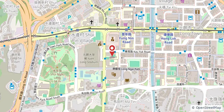 新界鄉議局元朗區中學(N.T. Heung Yee Kuk Yuen Long District Secondary School)位置圖,地圖中央紅色地標針標示校舍位置,底圖 OpenStreetMap