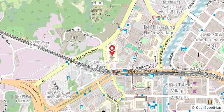 博愛醫院鄧佩瓊紀念中學(Pok Oi Hospital Tang Pui King Memorial College)位置圖,地圖中央紅色地標針標示校舍位置,底圖 OpenStreetMap