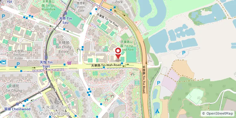 伊利沙伯中學舊生會湯國華中學(Queen Elizabeth School Old Students' Association Tong Kwok Wah Secondary School)位置圖,地圖中央紅色地標針標示校舍位置,底圖 OpenStreetMap