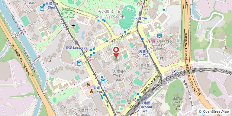 基督教香港信義會元朗信義中學(The ELCHK Yuen Long Lutheran Secondary School)位置圖,地圖中央紅色地標針標示校舍位置,底圖 OpenStreetMap