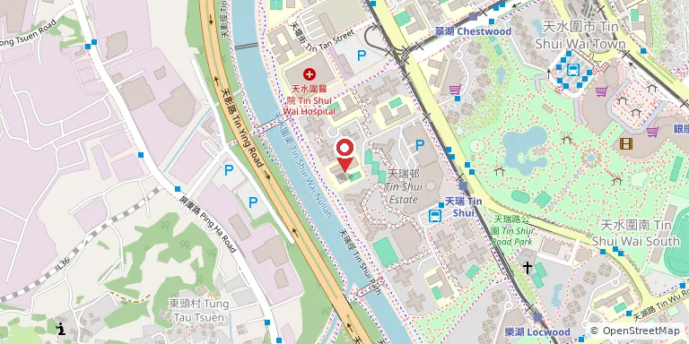 圓玄學院妙法寺內明陳呂重德紀念中學(The Yuen Yuen Institute MFBM Nei Ming Chan Lui Chung Tak Memorial College)位置圖,地圖中央紅色地標針標示校舍位置,底圖 OpenStreetMap