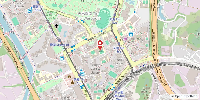 天水圍官立中學(Tin Shui Wai Government Secondary School)位置圖,地圖中央紅色地標針標示校舍位置,底圖 OpenStreetMap