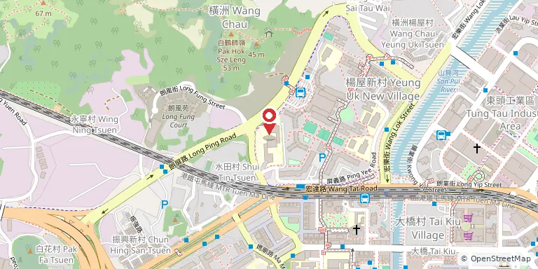 東華三院盧幹庭紀念中學(Tung Wah Group of Hospitals Lo Kon Ting Memorial College)位置圖,地圖中央紅色地標針標示校舍位置,底圖 OpenStreetMap