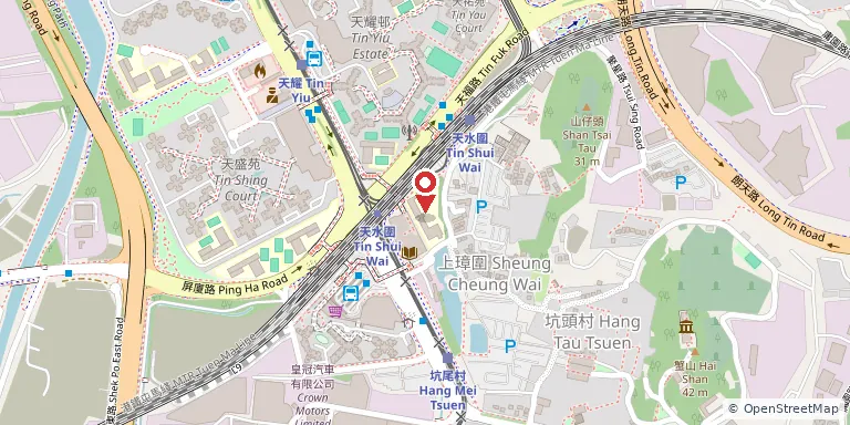 東華三院郭一葦中學(TWGHs Kwok Yat Wai College)位置圖,地圖中央紅色地標針標示校舍位置,底圖 OpenStreetMap