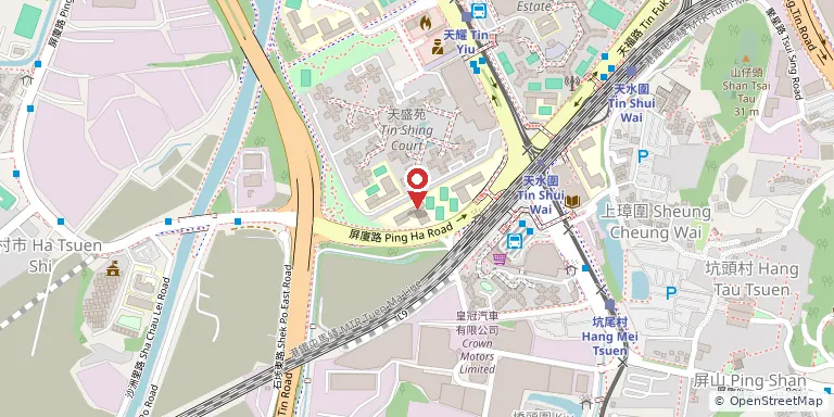 元朗公立中學校友會鄧兆棠中學(YLPMSAA Tang Siu Tong Secondary School)位置圖,地圖中央紅色地標針標示校舍位置,底圖 OpenStreetMap