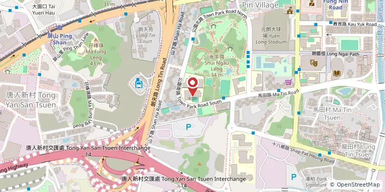 元朗公立中學(Yuen Long Public Secondary School)位置圖,地圖中央紅色地標針標示校舍位置,底圖 OpenStreetMap